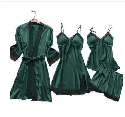 4PCS Sleepwear Pajamas Set Silk Women Nightdress Lace Dress Robe Sleep Nightwear Silk Solid Color Pijama Sets